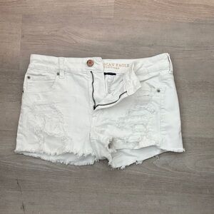 American Eagle Outfitters White Distressed Jean Shorts with Frayed Hem